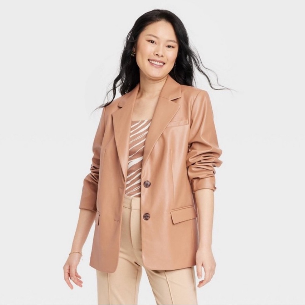 Women's Faux Leather Relaxed Fit Blazer - A New Day Brown XS